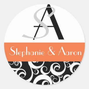 Damask Wedding Monogram in Black and Orange Classic Round Sticker