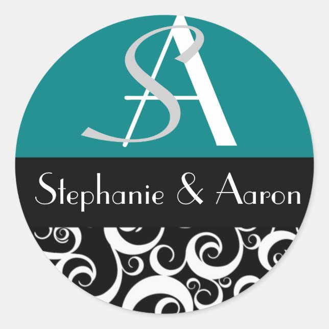 Damask Wedding Monogram in Black and Teal Classic Round Sticker (Front)