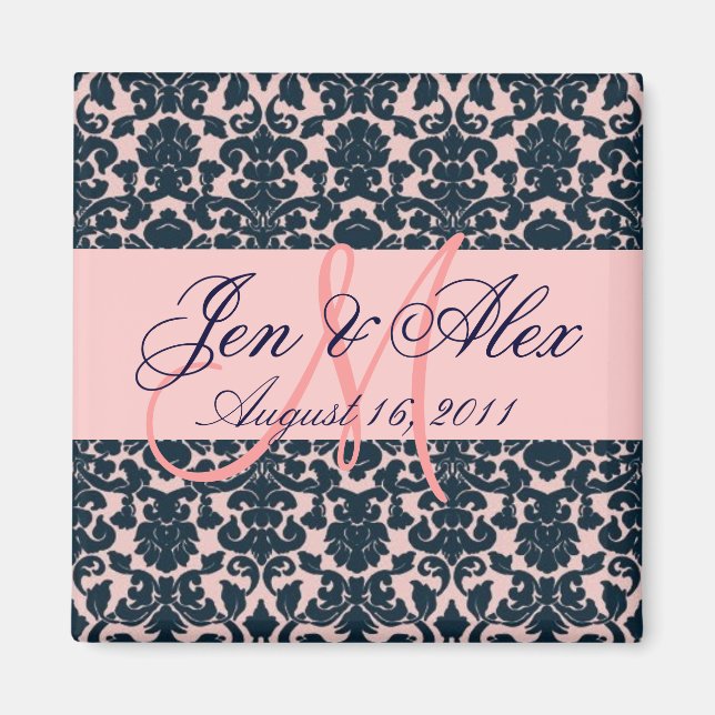 Damask Wedding Monogram Pink Navy Magnet (Front)