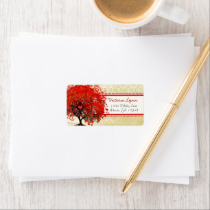 Damask Whimsical Heart Leafed Tree Red Pink Dots Label