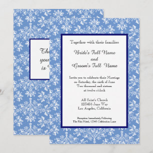 Damask White on Cornflower Blue Editable Wedding  Invitation