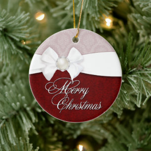 Damask White Satin Merry Christmas Ceramic Ornament