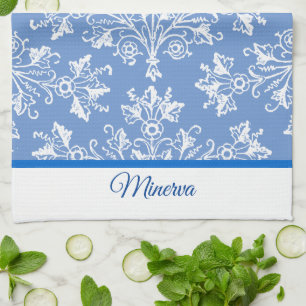 Damask White with Editable Border Kitchen Towel