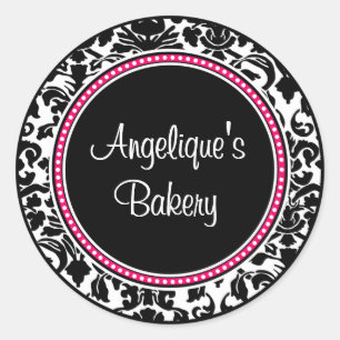 Damask with black centre and pink trim classic round sticker