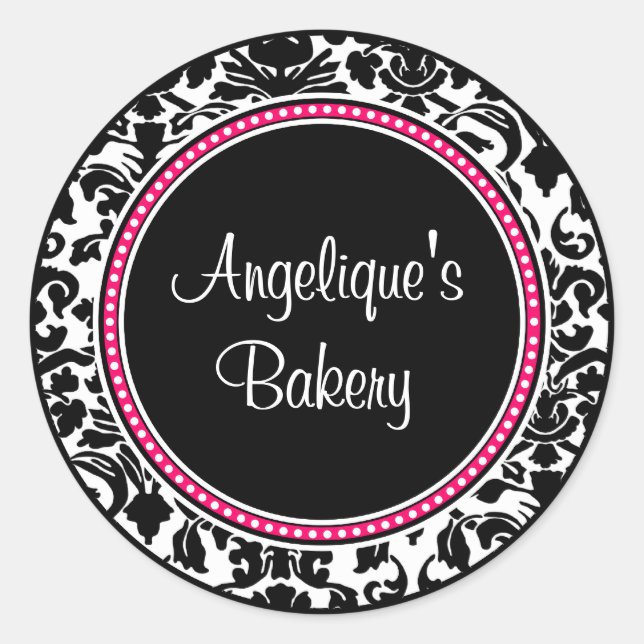Damask with black centre and pink trim classic round sticker (Front)