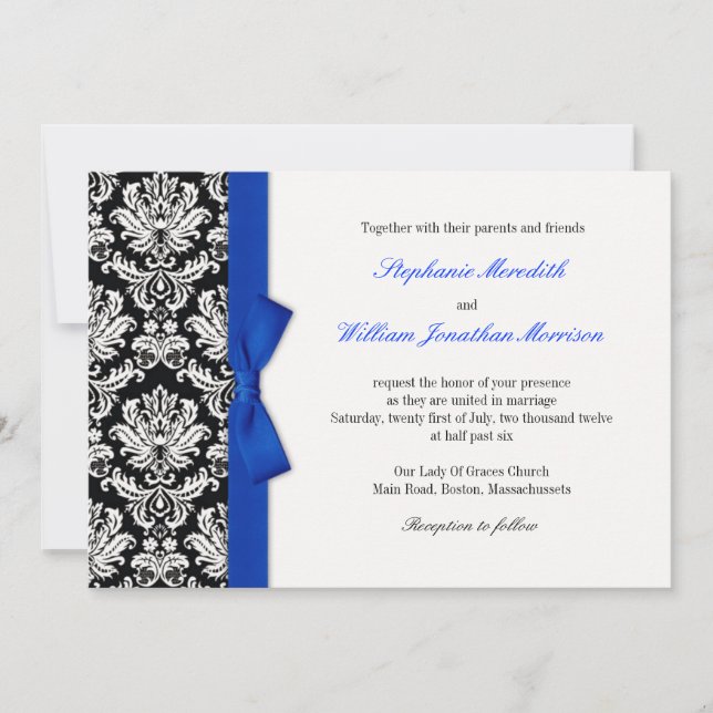 Damask With Blue Bow Wedding Invitation (Front)