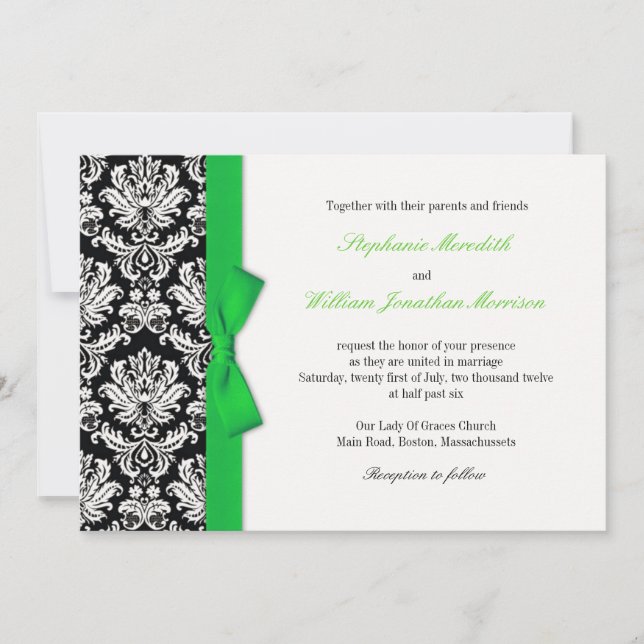Damask With Green Bow Wedding Invitation (Front)