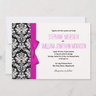 Damask With Hot Pink Bow Wedding Invitation