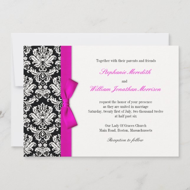 Damask With Hot Pink Bow Wedding Invitation (Front)