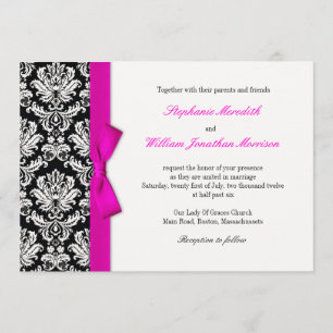 Damask With Hot Pink Bow Wedding Invitation