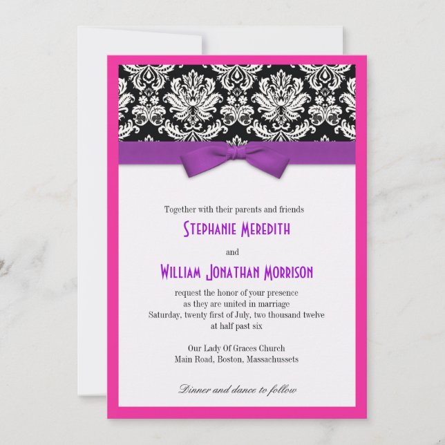 Damask With Purple Bow and Pink Wedding Invitation (Front)