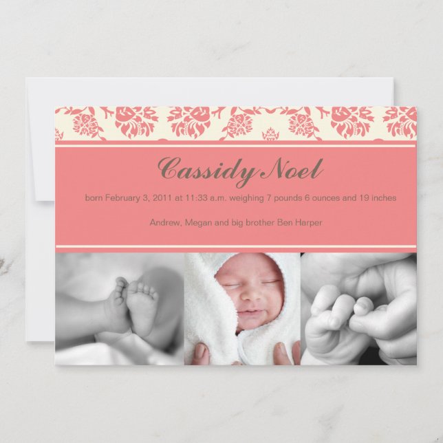 Damask with Ribbon Birth Announcement (Front)