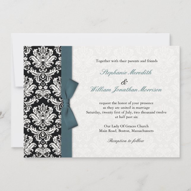 Damask With Teal Bow Wedding Invitation (Front)
