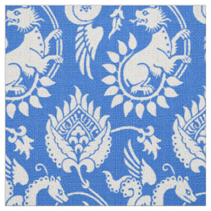 Damask with Winged Serpents, White on Medium Blue Fabric