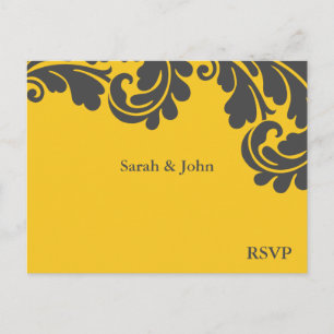 Damask Yellow and Grey Wedding RSVP Invitation Postcard