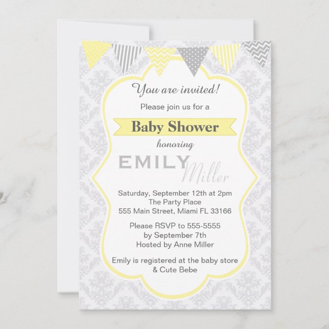 Damask Yellow Baby Shower Invitation Unisex (Front)