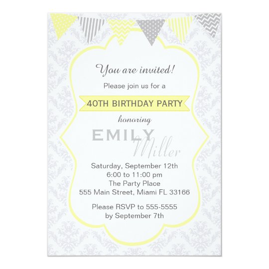 Damask Yellow Grey Adult Birthday Invitation