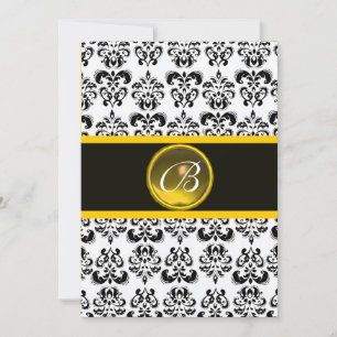 DAMASK YELLOW TOPAZ MONOGRAM,black and white Invitation