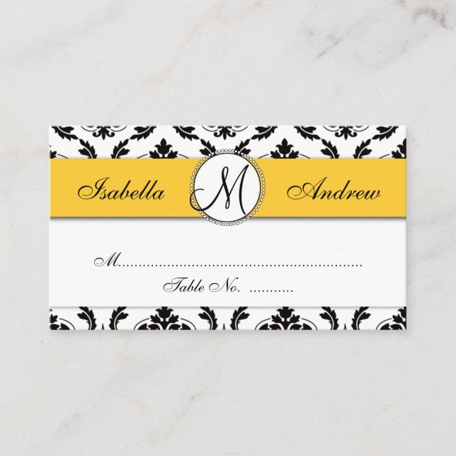 Damask Yellow Wedding Reception Place Card (Front)