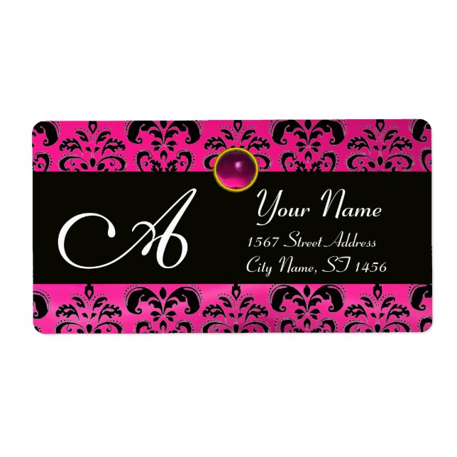 DAMASSÉ FUCHSIA ROSE NOIRE, MONOGRAMME D'AMÉTHYSTE (Devant)
