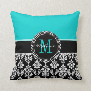Damassé Girly de noir d'Aqua votre coussin de nom