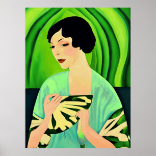 Dame Art déco avec ventilateur en Jade Green