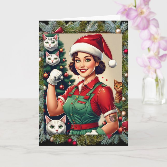 Dame au chat fou, 5" x 7" Carte de Noël pliée (Orchidée)