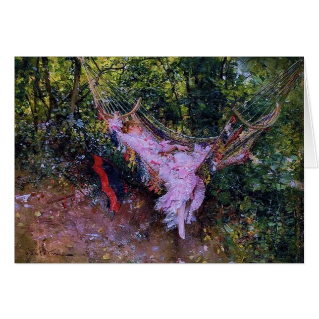 Dame dans un hamac en robe rose (Devant horizontal)