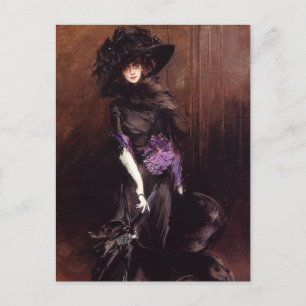 Dame en noir avec carte postale Greyhound