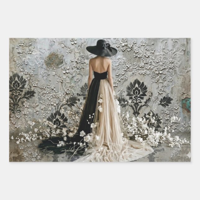 Dame en Noir Damask Decoupage  Wrapping Paper Sheet (Front)