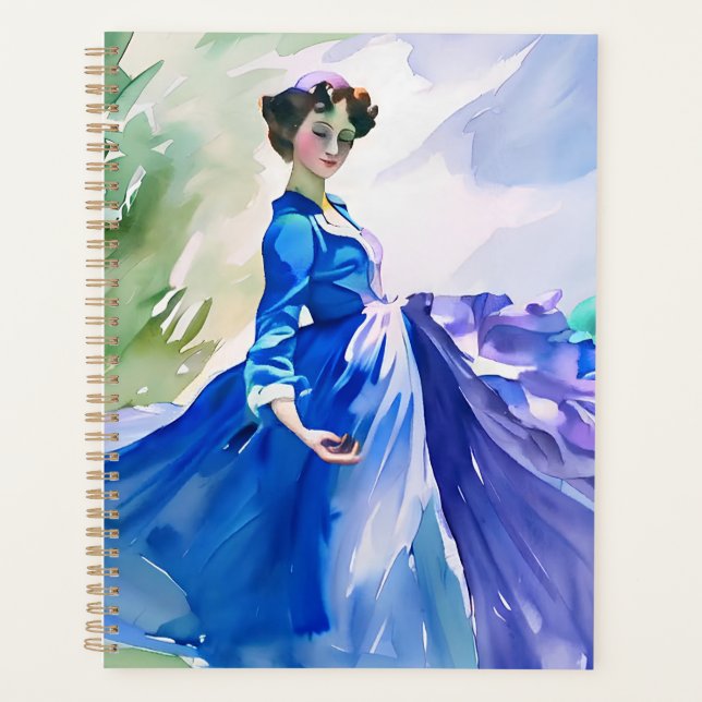 Dame en Robe Bleue - Peinture aquarelle (Devant)