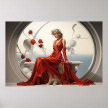 Dame en robe rouge dans un tableau blanc