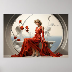 Dame en robe rouge dans un tableau blanc