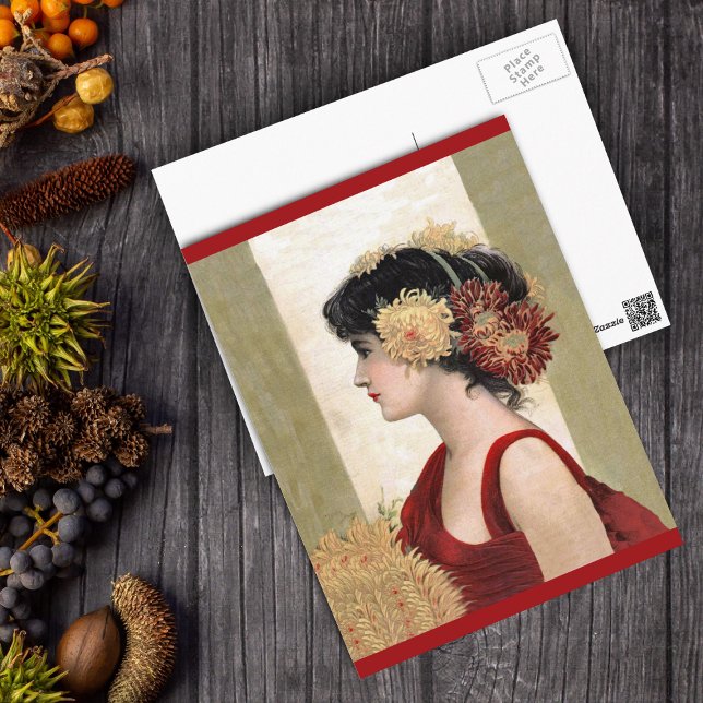 Dame romantique en carte postale rouge (Vintage lady in red dress pretty red and yellow flowers in hair on postcard.)