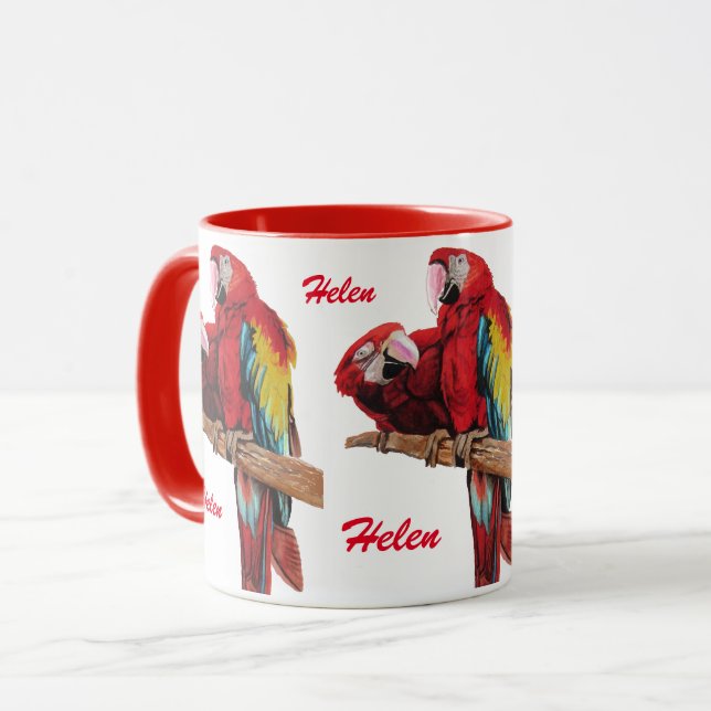 Dames de perroquet rouge Macaw Nom Watercolor Mug (Devant gauche)