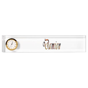 Damien, Name, Logo Desk Name Plate With Clock.