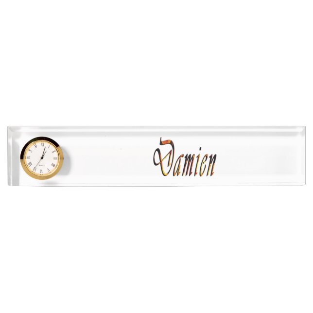 Damien, Name, Logo Desk Name Plate With Clock. (Front)