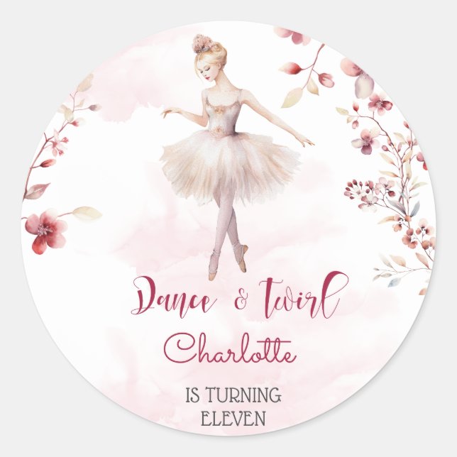 Dance and twirl ballerina birthday classic round sticker (Front)