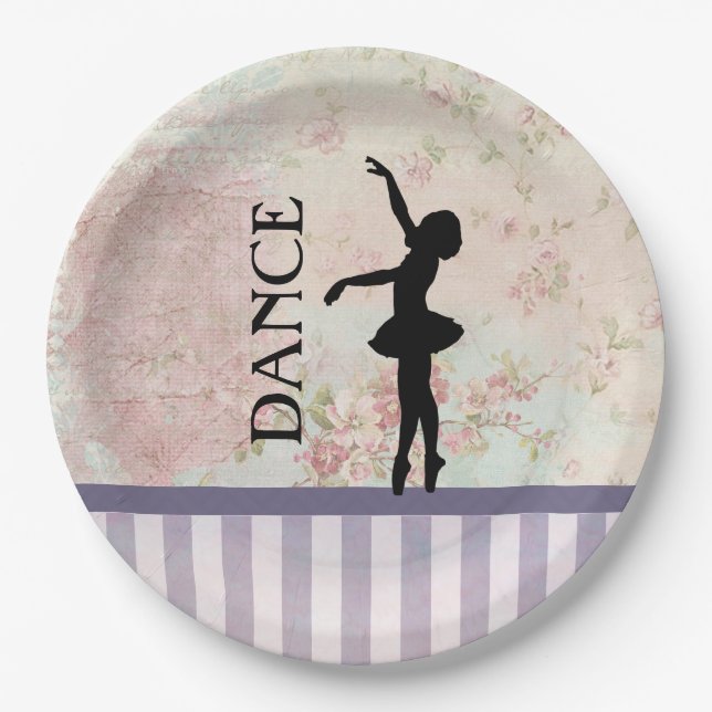Dance - Ballerina Silhouette on Vintage Background Paper Plate (Front)