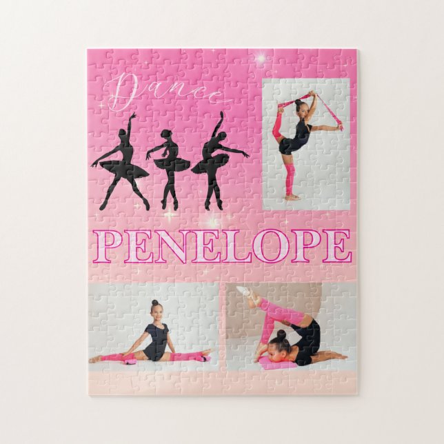 Dance Ballet Pink Gradient 3 Photo Personalized Jigsaw Puzzle (Vertical)