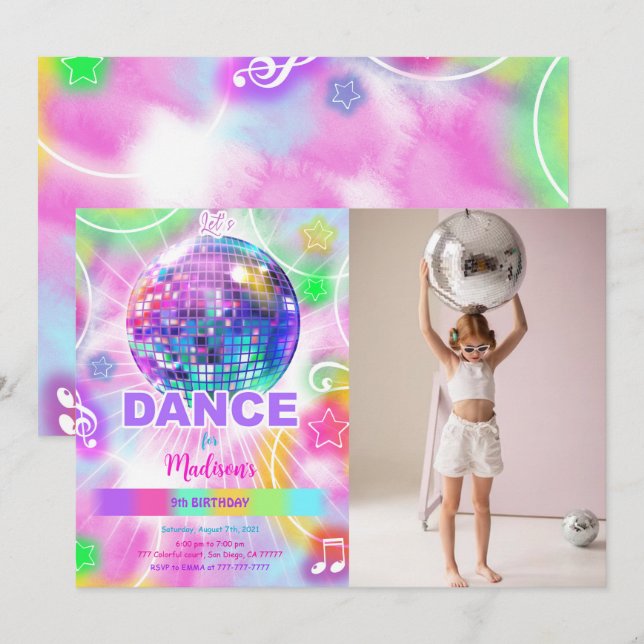 Dance Birthday Party Neon Glow Photo  Invitation (Front/Back)