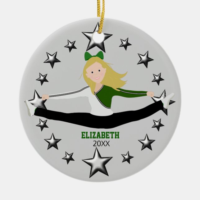 Dance Cheer Blonde Green And White Ceramic Ornament (Front)