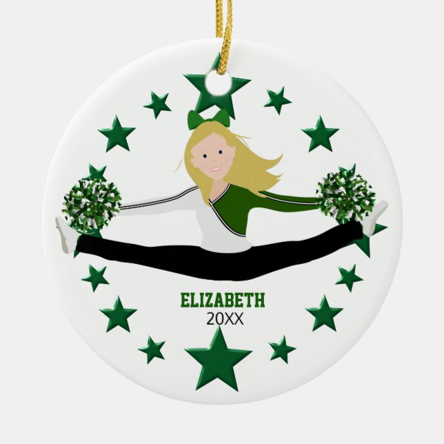 Dance Cheer Blonde Green Stars And White Ceramic Ornament (Front)