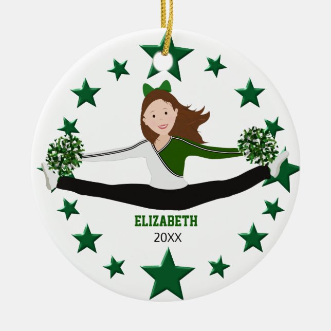Dance Cheer Brunette Green Stars & White Ceramic Ornament (Front)