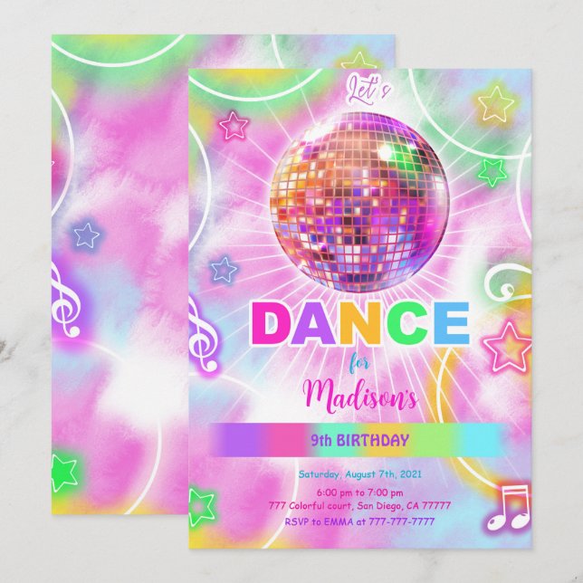 Dance Disco Party Neon Glow  Invitation (Front/Back)