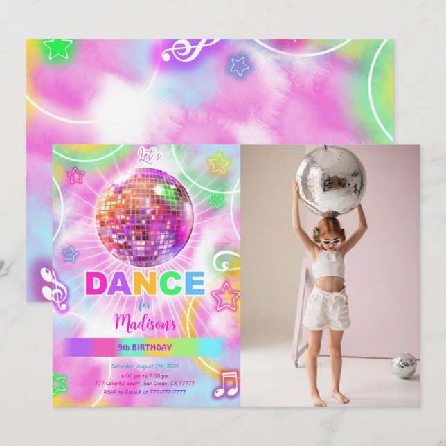 Dance Disco Party Neon Glow Photo  Invitation (Front/Back)