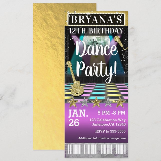 Dance Floor & Disco Ball Birthday Party Ticket Invitation (Front/Back)