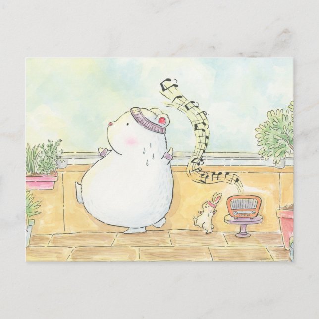 dance more be happy polar bear bunny watercolour postcard (Front)