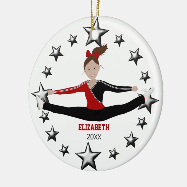 Dance Or Cheer Brunette Red And Black Ceramic Ornament (Left)