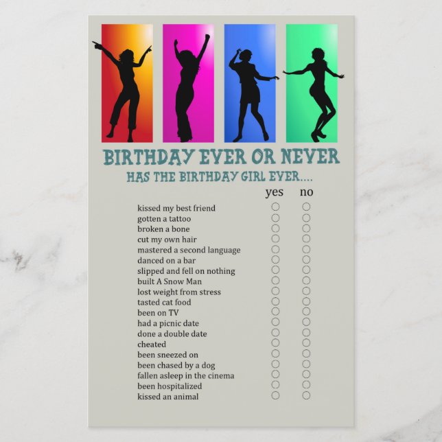 Dance party Birthday Ever or Never Game (Front)